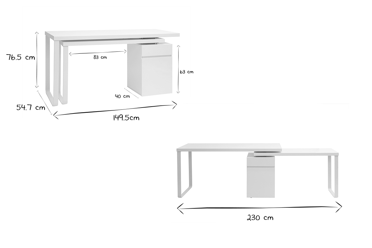 Bureau modulable avec rangements design blanc brillant L150-230 cm VOXY