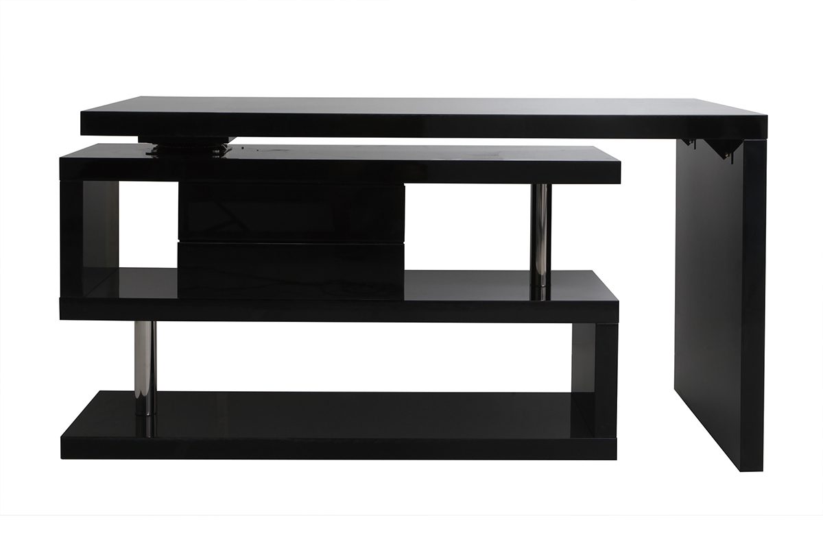 Bureau modulable design avec rangements 2 tiroirs noir laqu L140-218 cm MAX