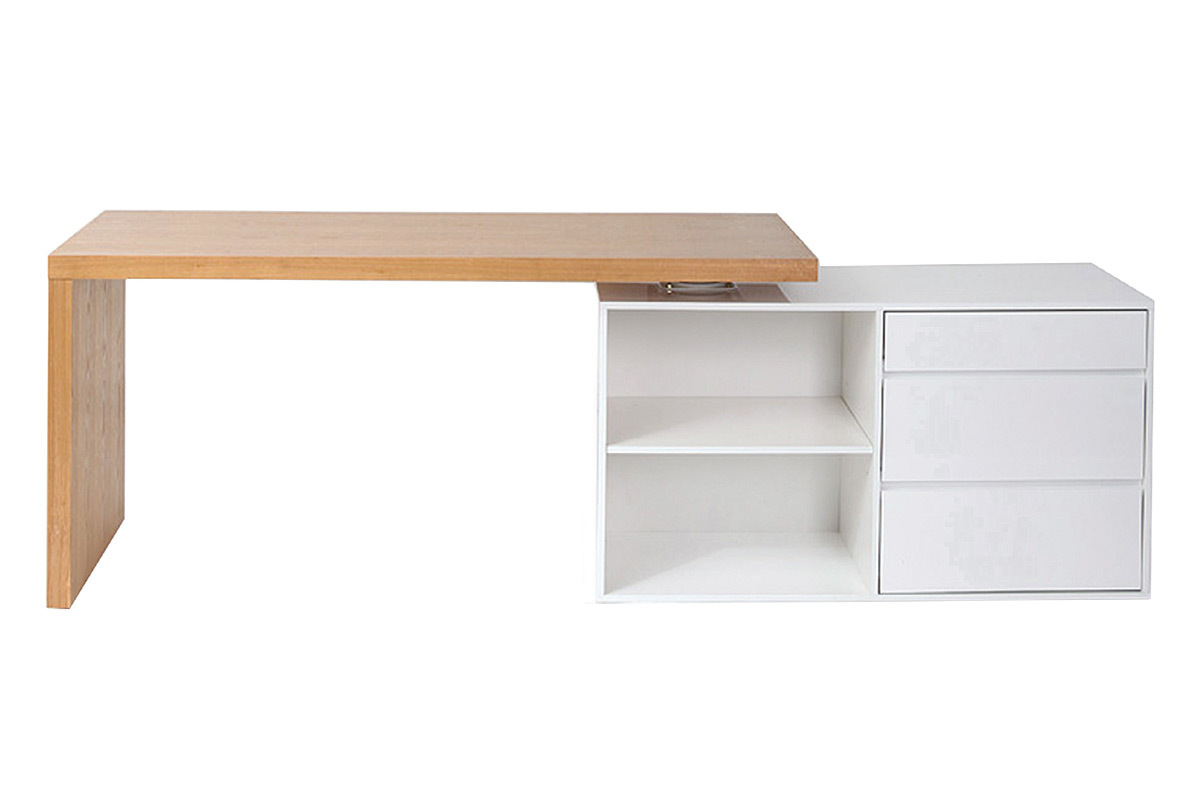 Bureau modulable design blanc brillant et bois clair frne L160-235 cm NEW MAX