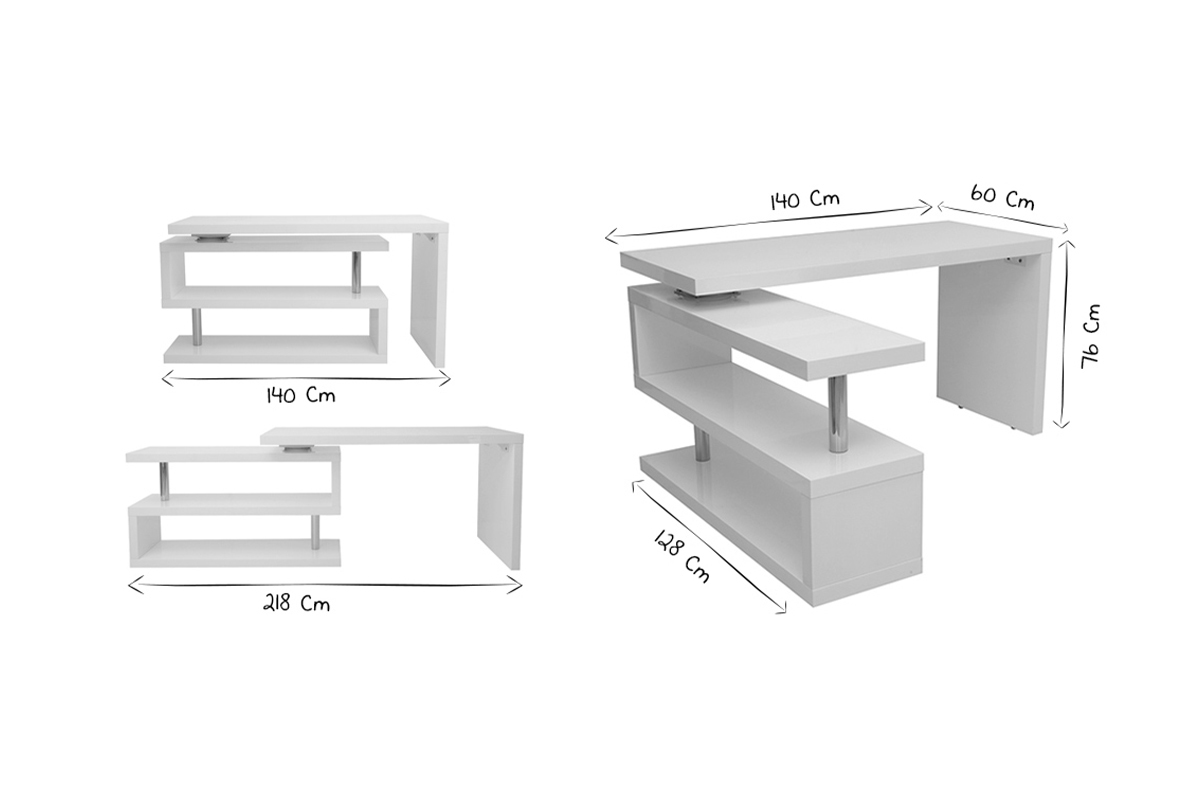 Bureau modulable design blanc laqu L140-218 cm MAX