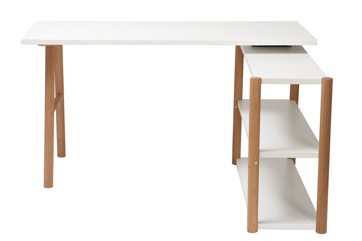 Bureau modulable scandinave blanc et bois chne massif L140-203 cm GILDA