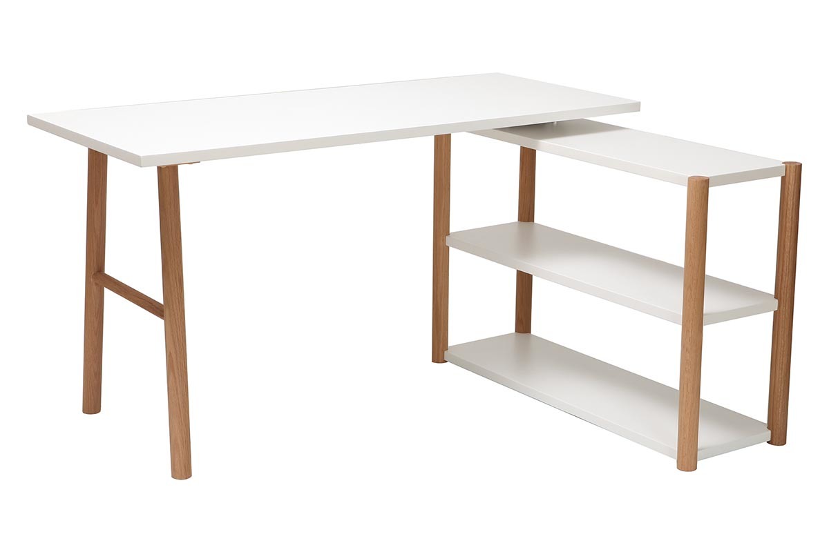 Bureau modulable scandinave blanc et bois chne massif L140-203 cm GILDA