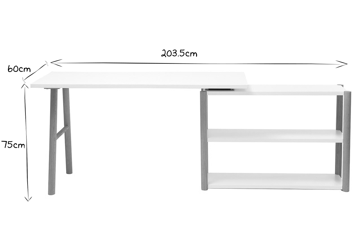 Bureau modulable scandinave blanc et bois chne massif L140-203 cm GILDA