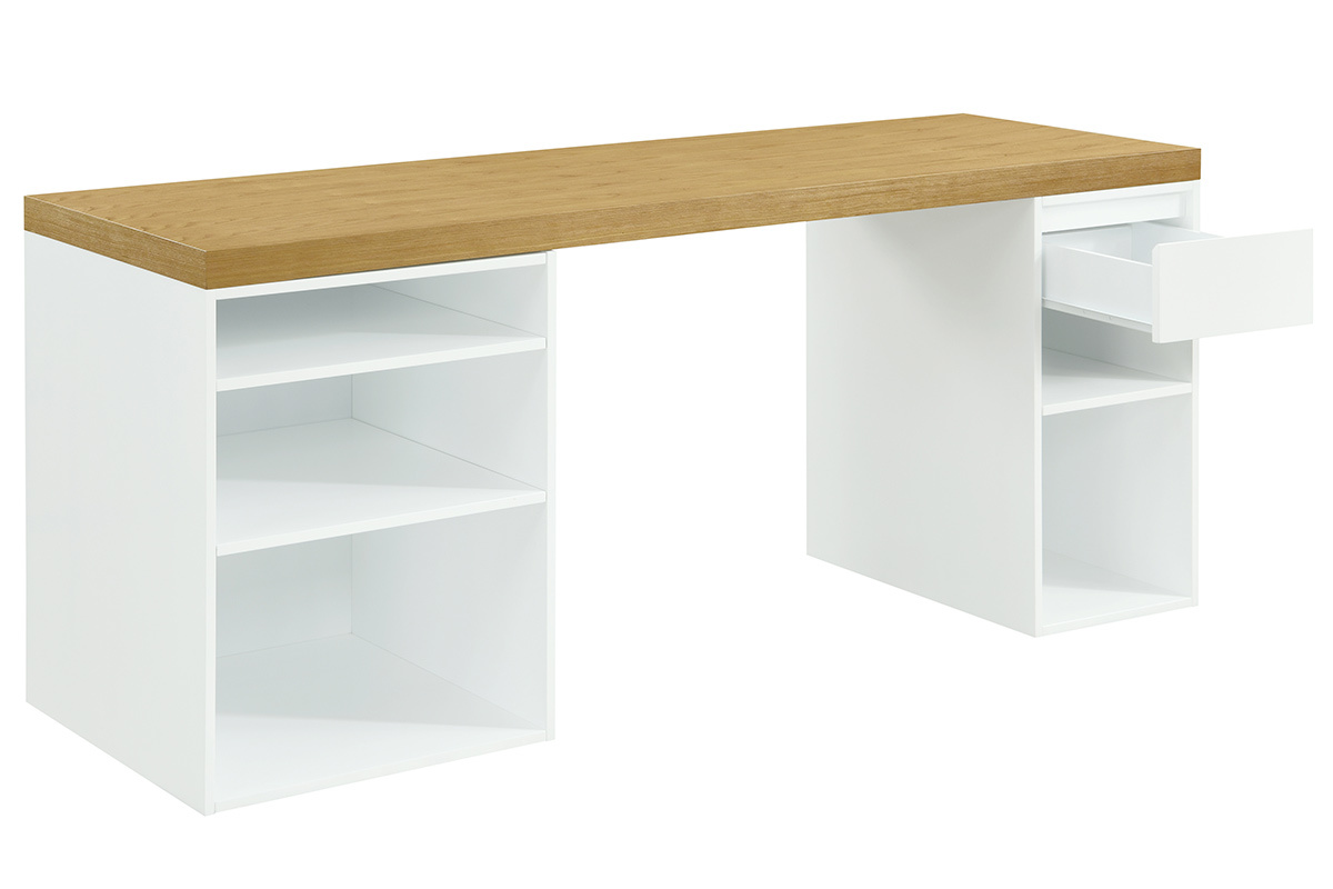 Bureau scandinave avec caissons ouverts et tiroir blancs RACKEL