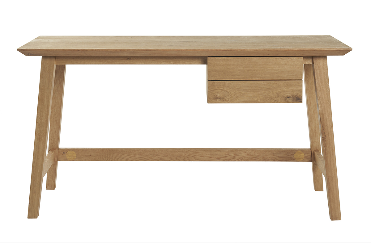 Bureau scandinave avec rangements 2 tiroirs en bois clair chne L140 cm IRATY