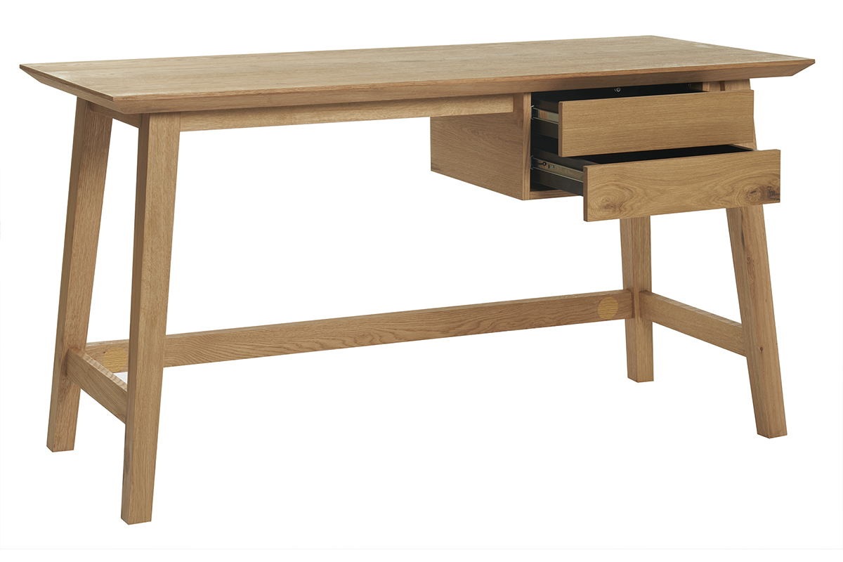 Bureau scandinave avec rangements 2 tiroirs en bois clair chne L140 cm IRATY