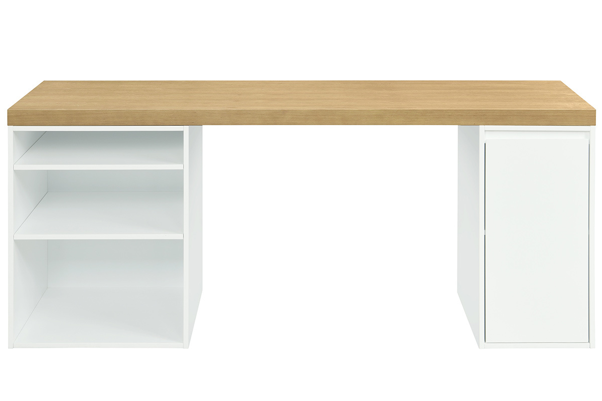 Bureau scandinave avec tiroir et caisson ouvert blancs RACKEL