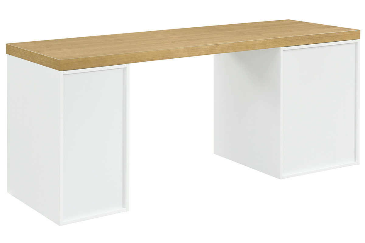 Bureau scandinave avec tiroir et caisson ouvert blancs RACKEL