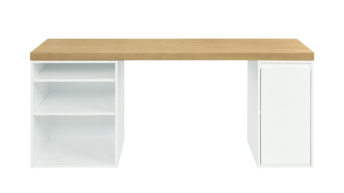 Bureau scandinave avec tiroir et caisson ouvert blancs RACKEL