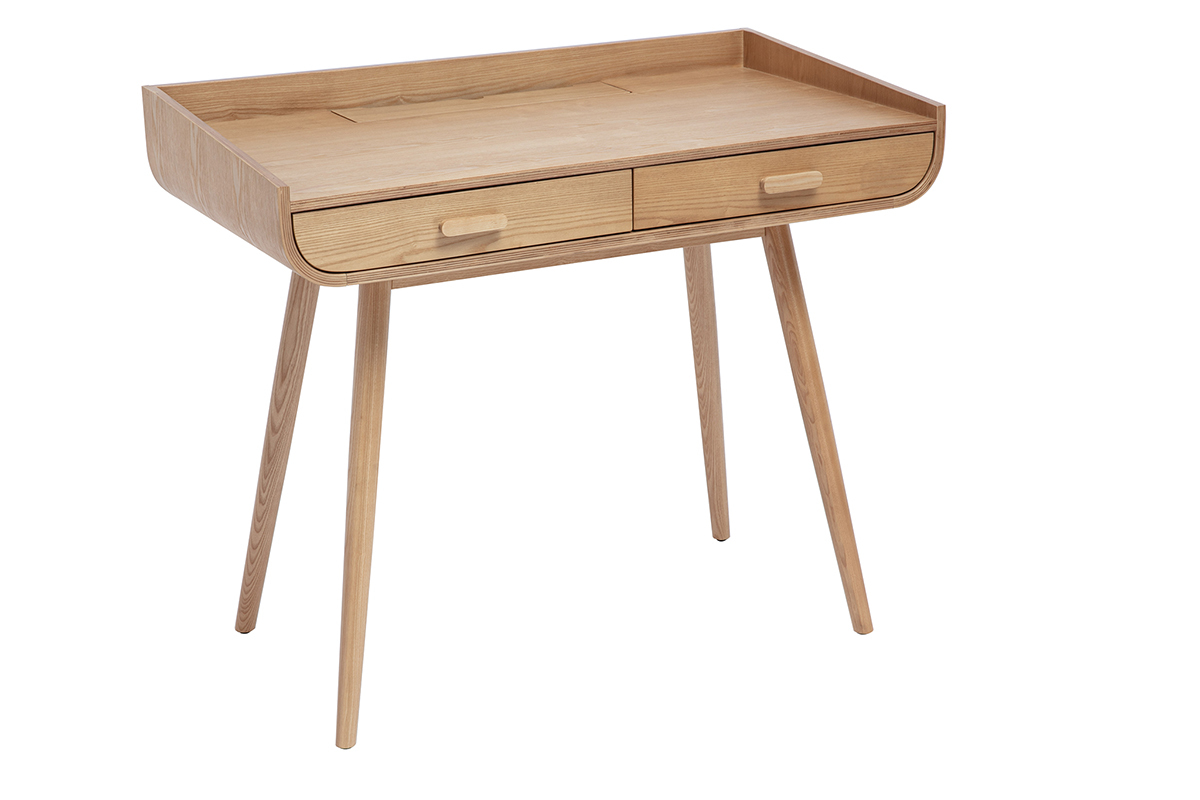 Bureau scandinave bois clair avec rangements 2 tiroirs L100 cm HALLEN