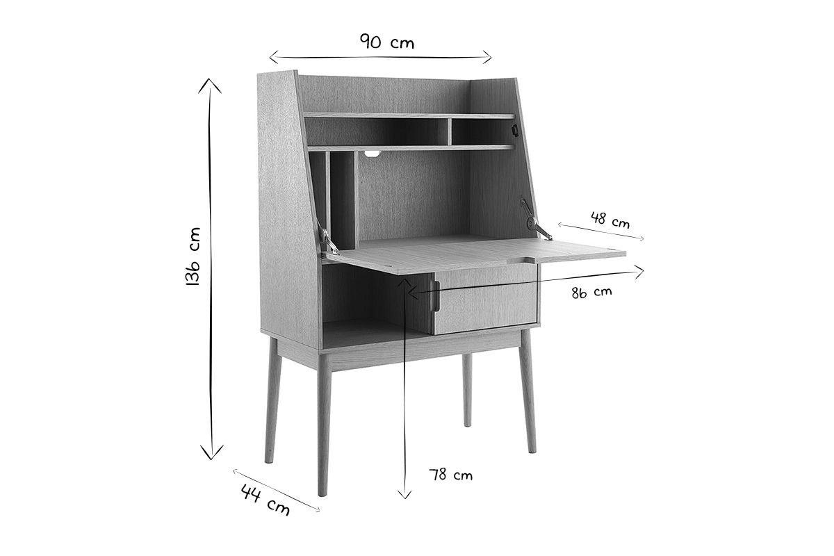 Bureau secrtaire avec rangements vintage bois clair chne L90 cm GABIN