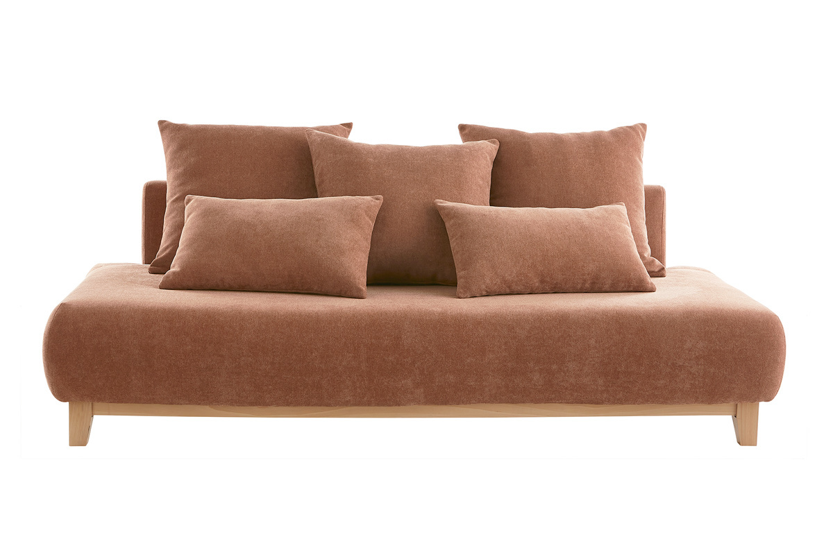 Canap 3 places en tissu effet velours textur terracotta et bois clair L200 cm ODEON