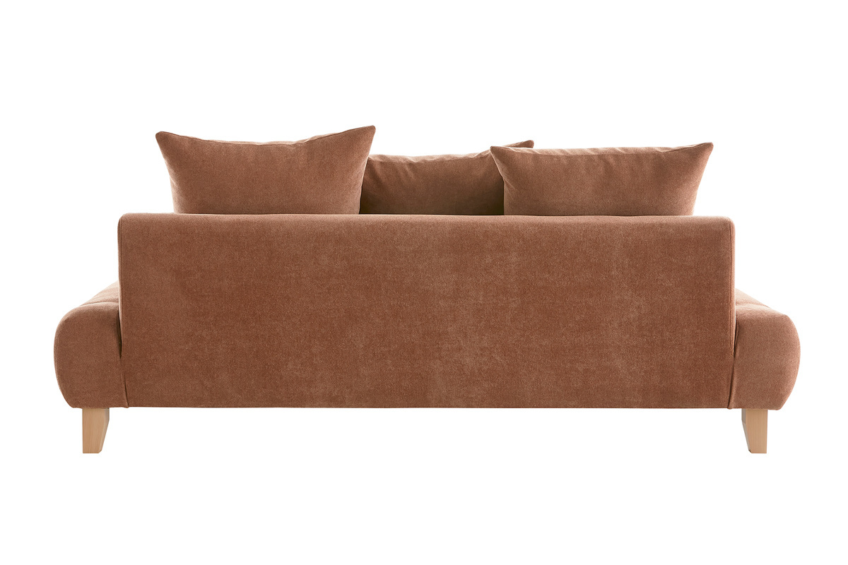 Canap 3 places en tissu effet velours textur terracotta et bois clair L200 cm ODEON