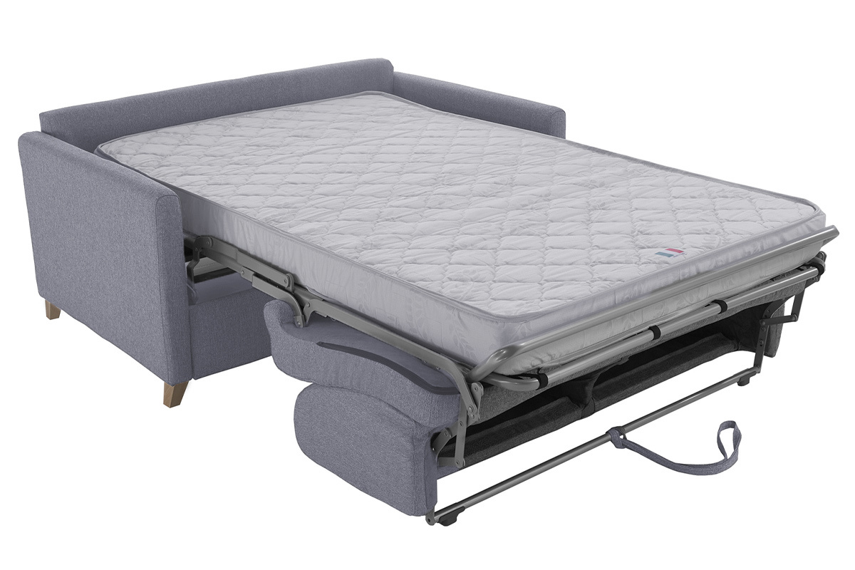 Canap convertible 2-3 places en tissu gris et bois clair avec matelas 13 cm SKANDY