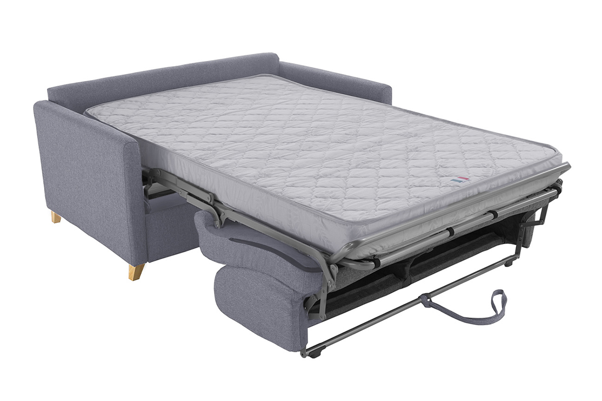 Canap convertible 2-3 places en tissu gris et bois clair avec matelas 13 cm SKANDY