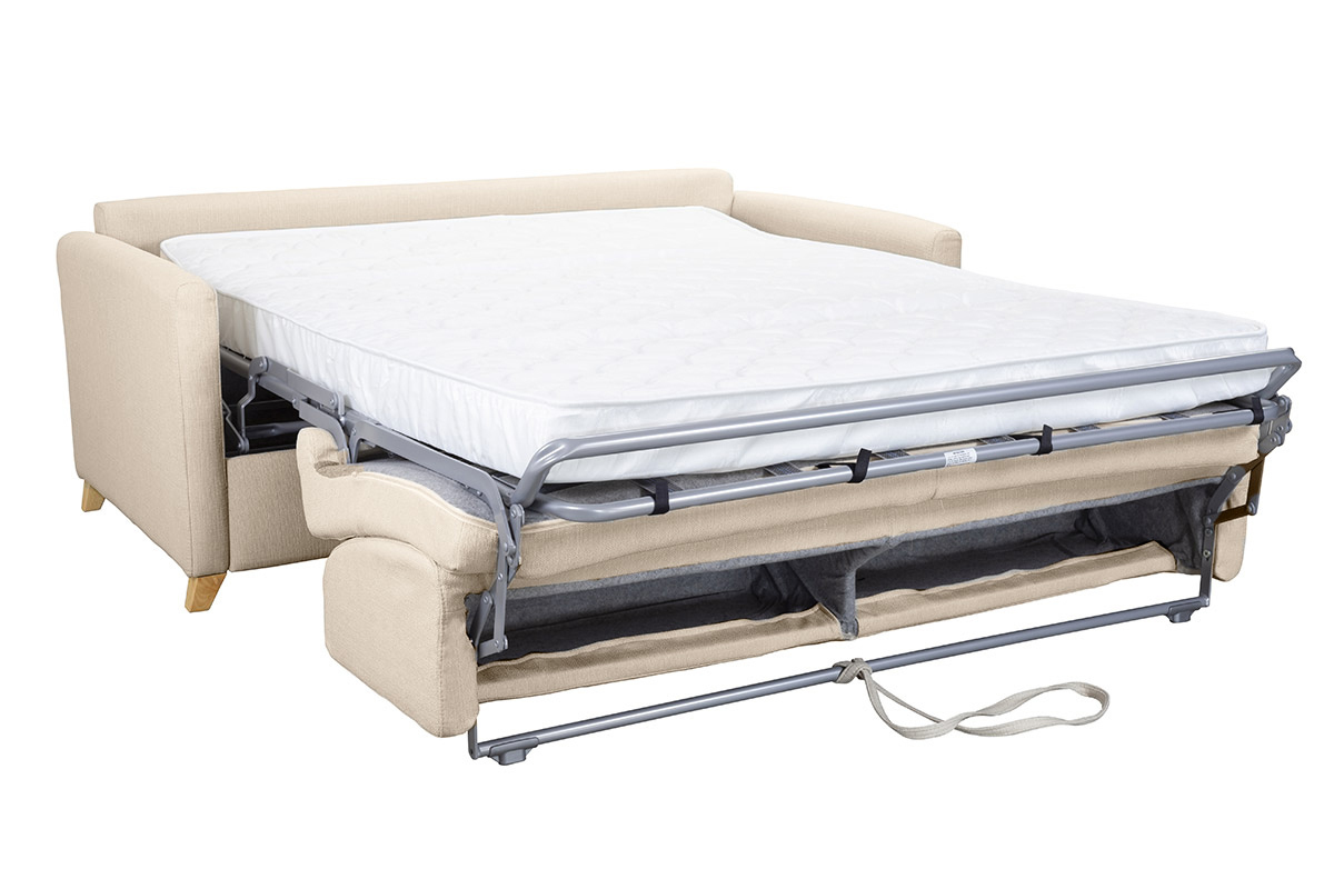 Canap convertible 3 places en tissu beige et bois clair avec matelas 13 cm SKANDY