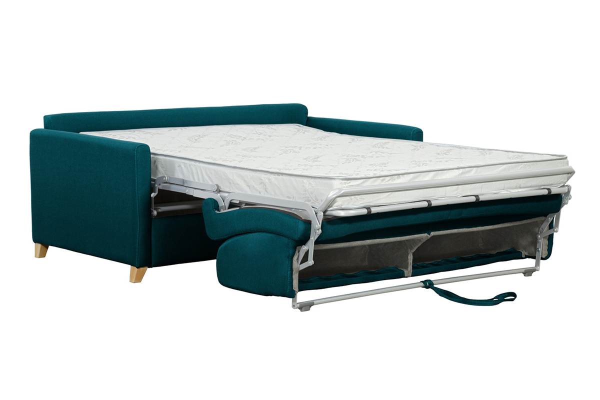 Canap convertible 3 places en tissu bleu canard et bois clair avec matelas 13 cm SKANDY