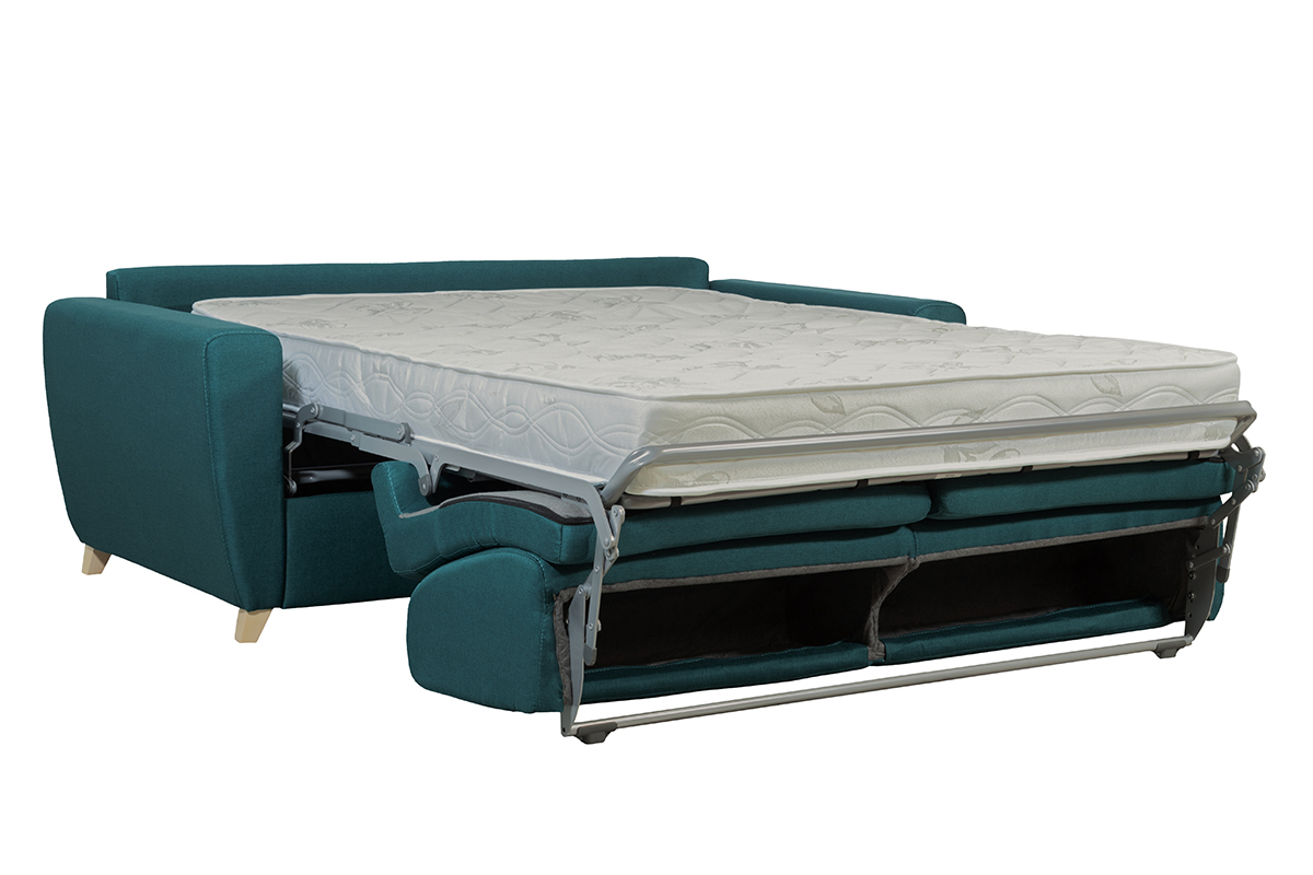 Canap convertible 3 places en tissu bleu canard et bois clair avec matelas 18 cm GRAHAM