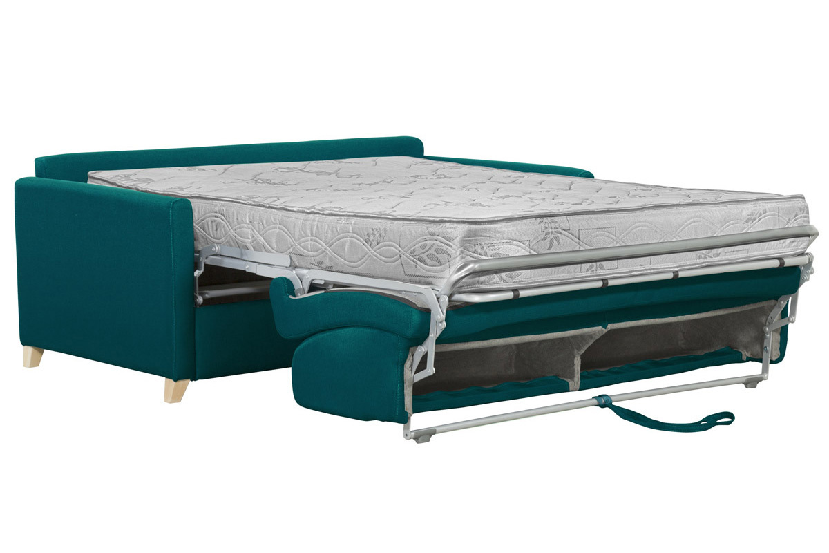 Canap convertible 3 places en tissu bleu canard et bois clair avec matelas 18 cm SKANDY