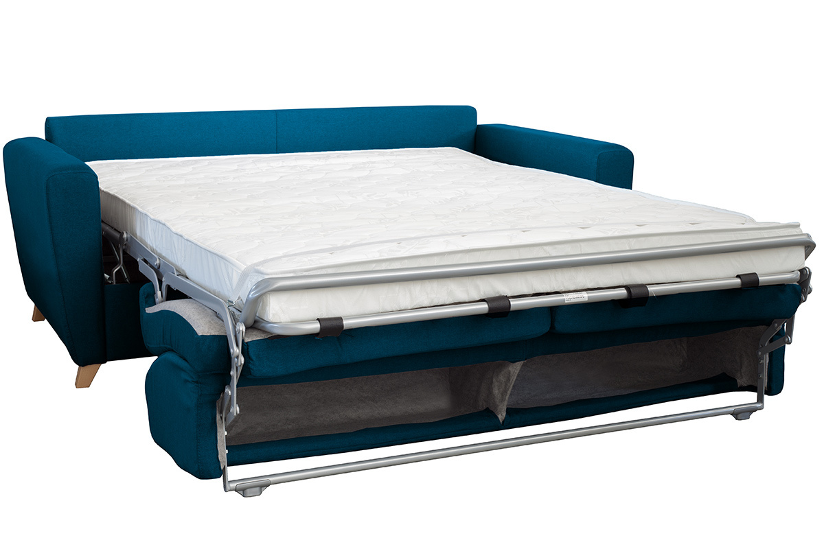 Canap convertible 3 places en tissu bleu canard et bois clair avec matelas L140 cm 13 cm GRAHAM