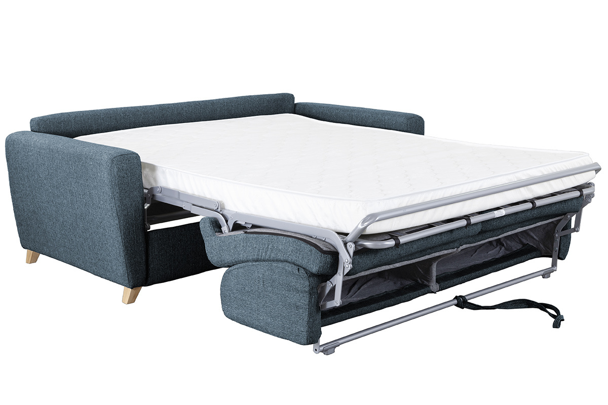 Canap convertible 3 places en tissu bleu et bois clair avec matelas L140 cm 12 cm GRAHAM