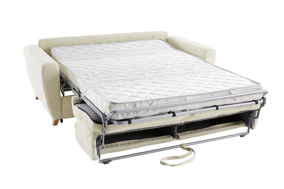 Canap convertible 3 places en tissu effet laine boucle beige et bois clair avec matelas L140 cm 12 cm GRAHAM