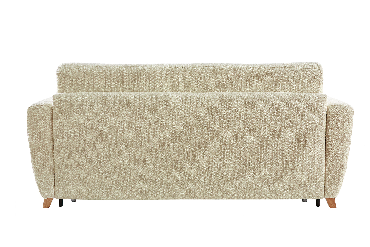 Canap convertible 3 places en tissu effet laine boucle beige et bois clair avec matelas L140 cm 12 cm GRAHAM