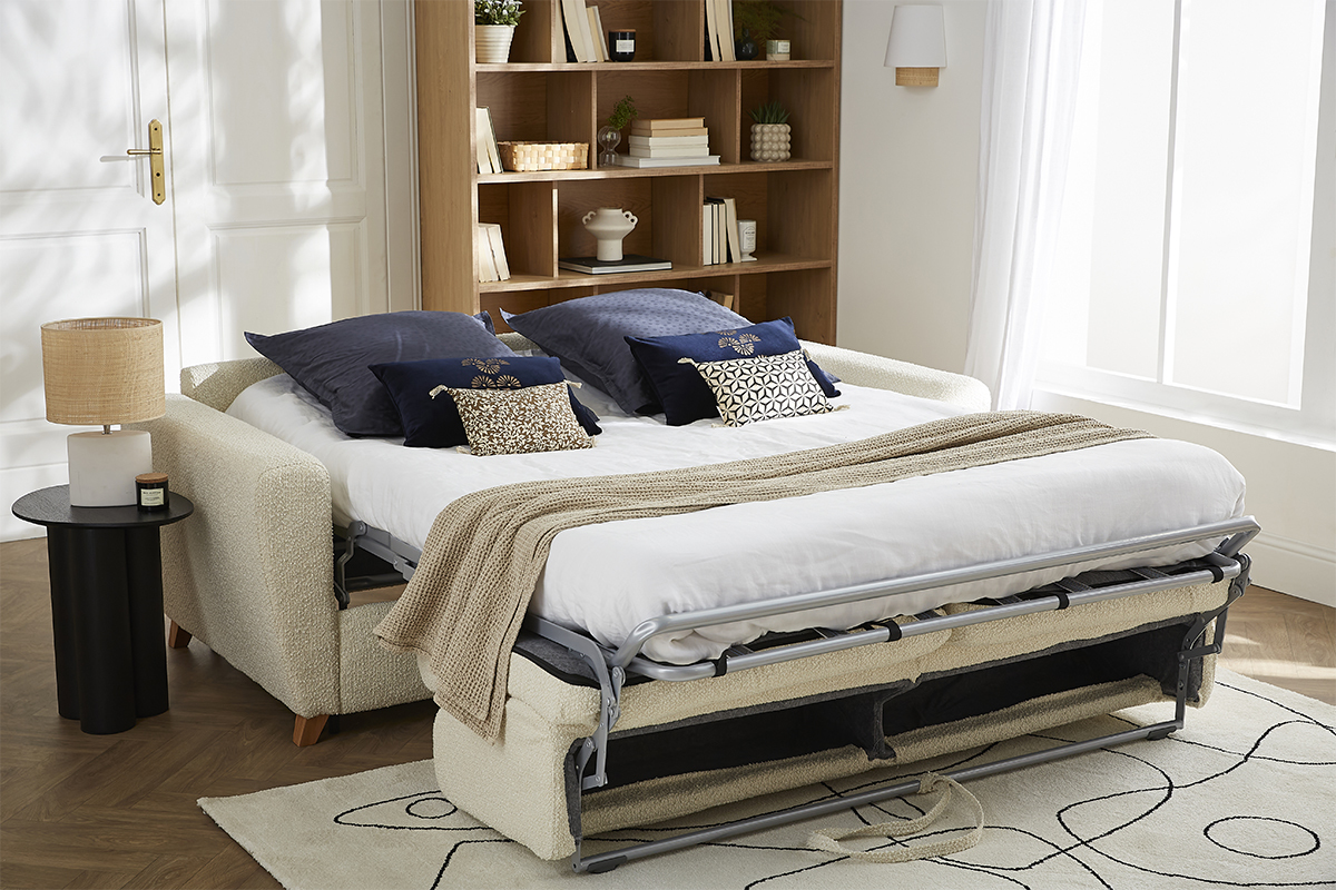 Canap convertible 3 places en tissu effet laine boucle beige et bois clair avec matelas L140 cm 12 cm GRAHAM