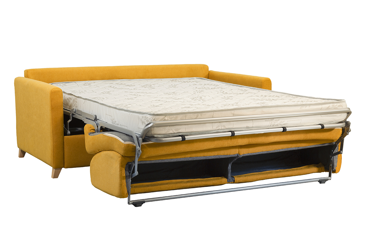 Canap convertible 3 places en tissu effet velours jaune moutarde et bois clair avec matelas 12 cm SKANDY