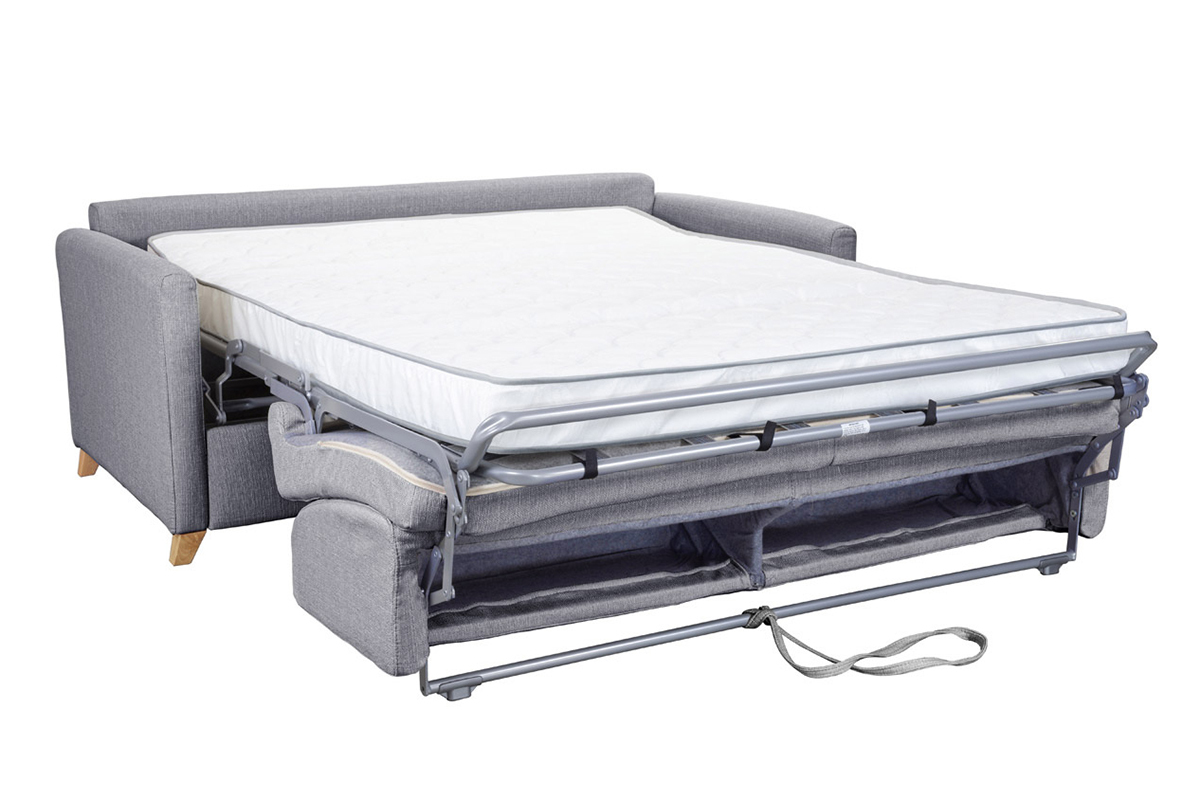 Canap convertible 3 places en tissu gris clair et bois clair avec matelas 13 cm SKANDY