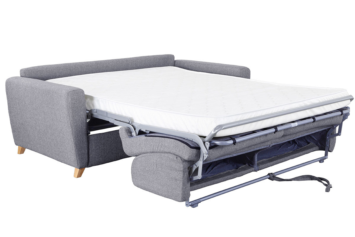 Canap convertible 3 places en tissu gris clair et bois clair avec matelas L140 cm 13 cm GRAHAM