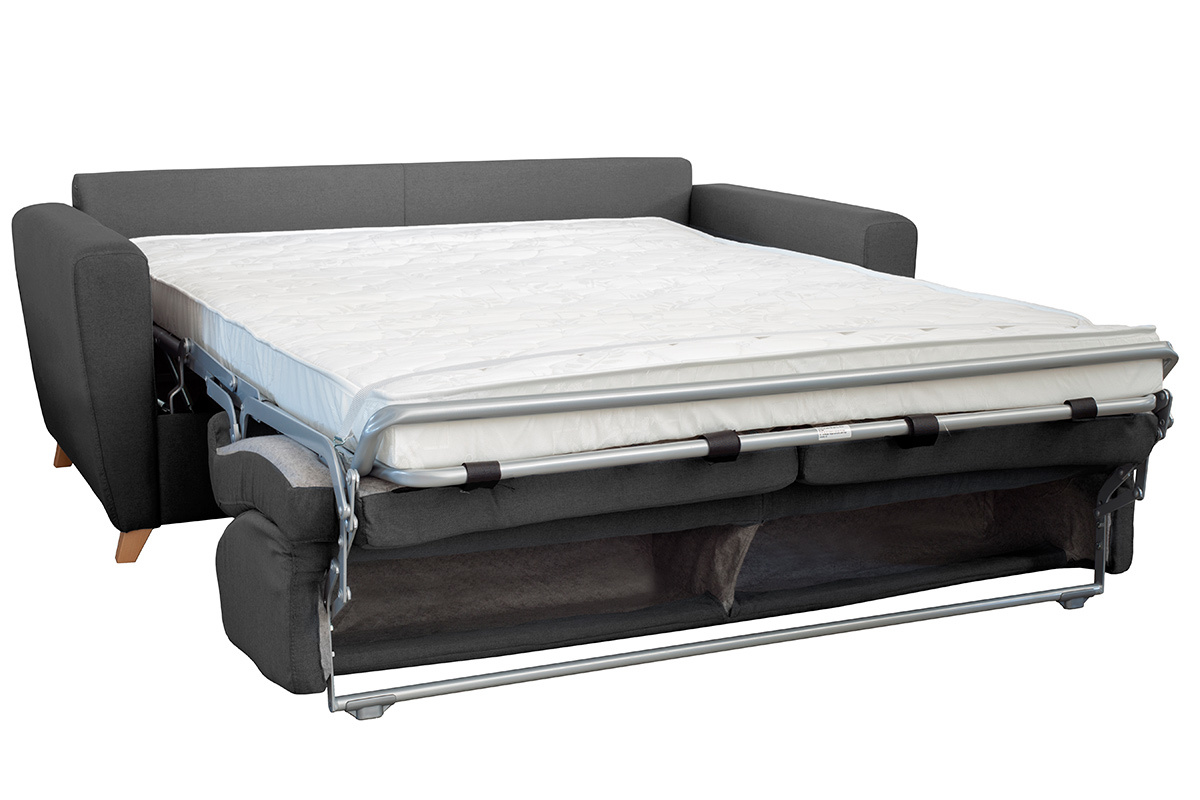 Canap convertible 3 places en tissu gris fonc et bois clair avec matelas L140 cm 12 cm GRAHAM