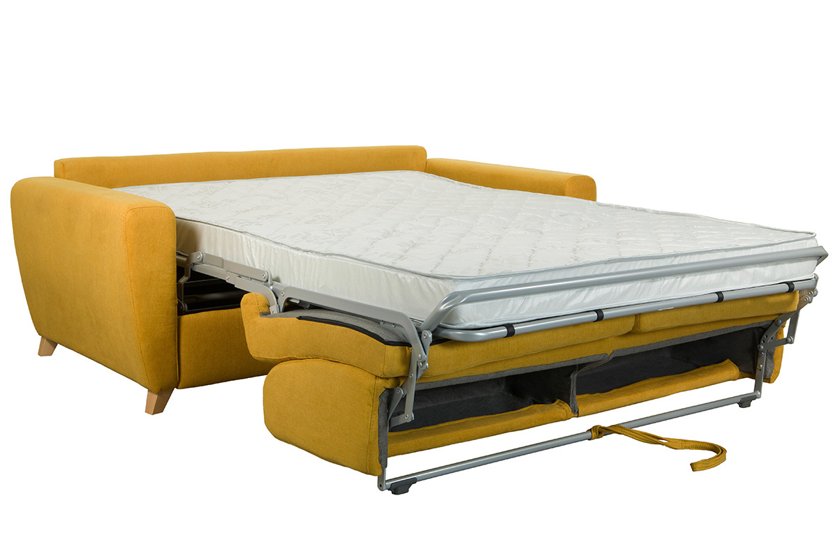 Canap convertible 3 places en tissu jaune moutarde et bois clair avec matelas L140 cm 13 cm GRAHAM