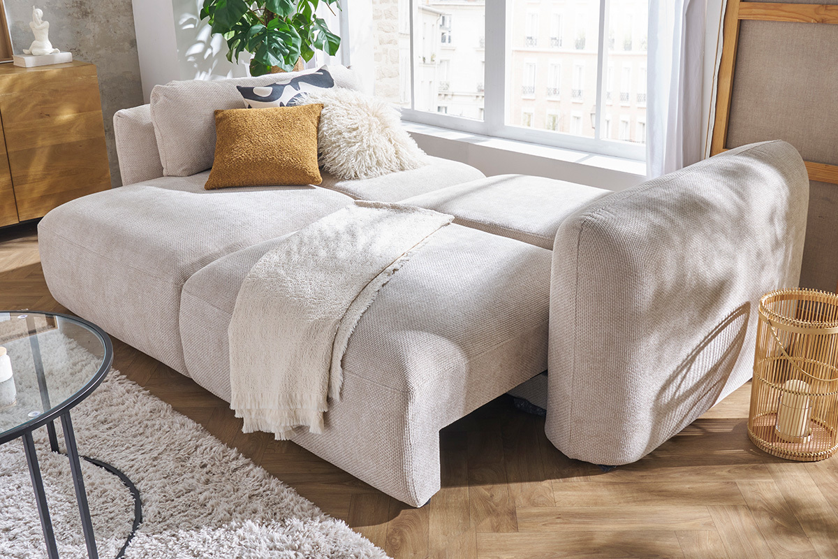 Canap convertible avec coffre 4 places en tissu velours chenille beige CRUSH