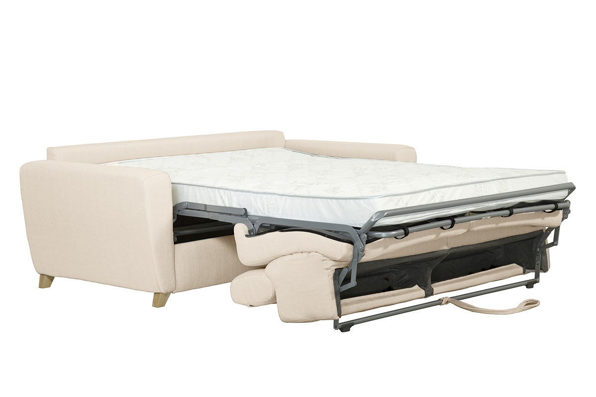 Canap convertible avec ttires ajustables 3 places en tissu beige et bois clair avec matelas 13 cm GOYA