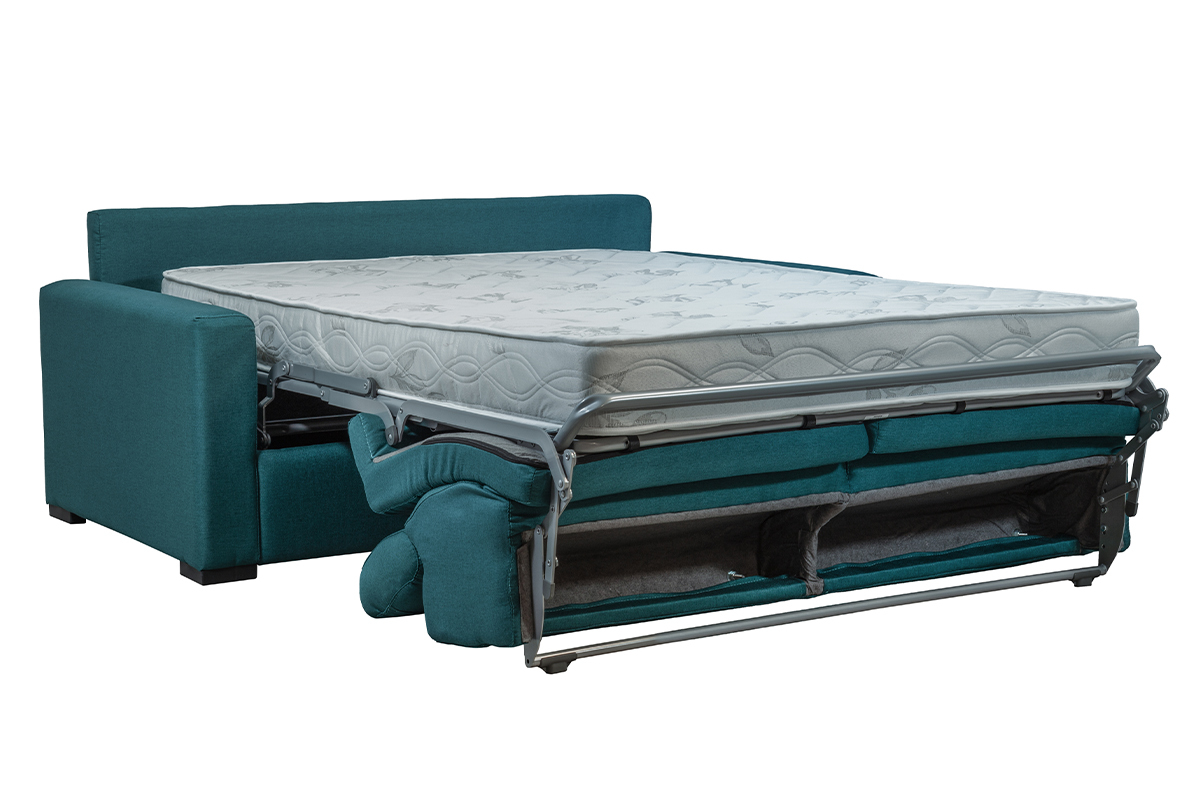 Canap convertible avec ttires ajustables 3 places en tissu bleu canard avec matelas 18 cm NORO