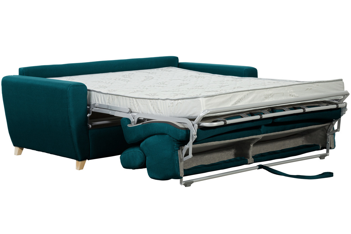 Canap convertible avec ttires ajustables 3 places en tissu bleu paon et bois clair avec matelas 13 cm GOYA