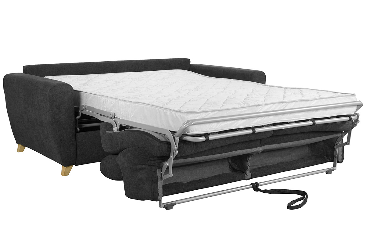 Canap convertible avec ttires ajustables 3 places en tissu effet velours gris anthracite et bois clair avec matelas 13 cm GOYA