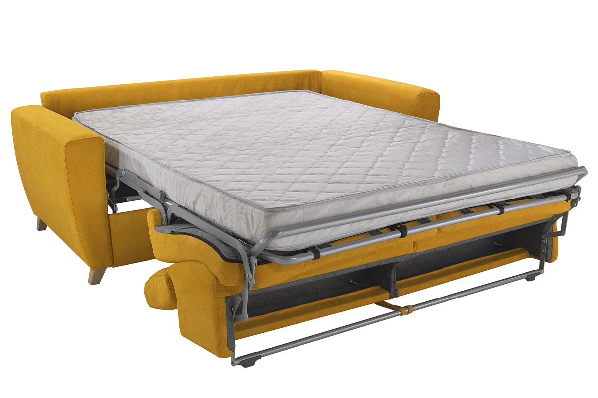 Canap convertible avec ttires ajustables 3 places en tissu jaune avec matelas 13 cm GOYA