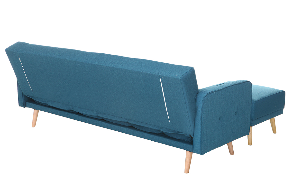 Canap convertible scandinave 3 places avec repose-pieds en tissu bleu canard et bois clair ULLA