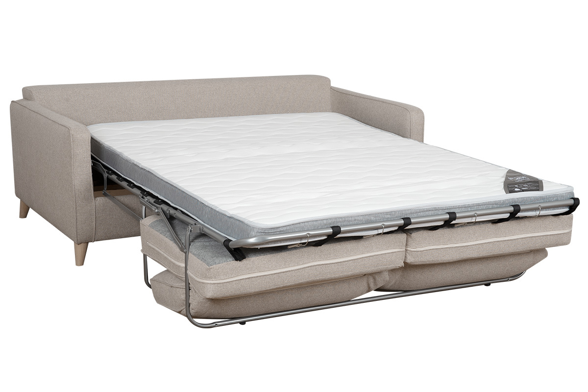 Canap convertible scandinave 3 places en tissu beige et bois clair avec matelas 10 cm PAPEL