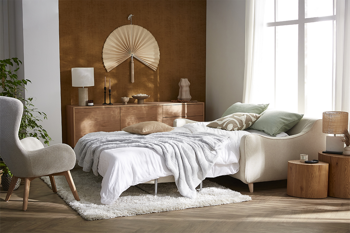 Canap convertible scandinave 3 places en tissu beige et bois clair avec matelas 10 cm VENDOME