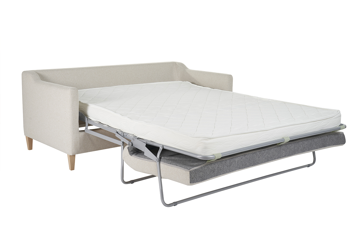 Canap convertible scandinave 3 places en tissu beige et bois clair LOUISE