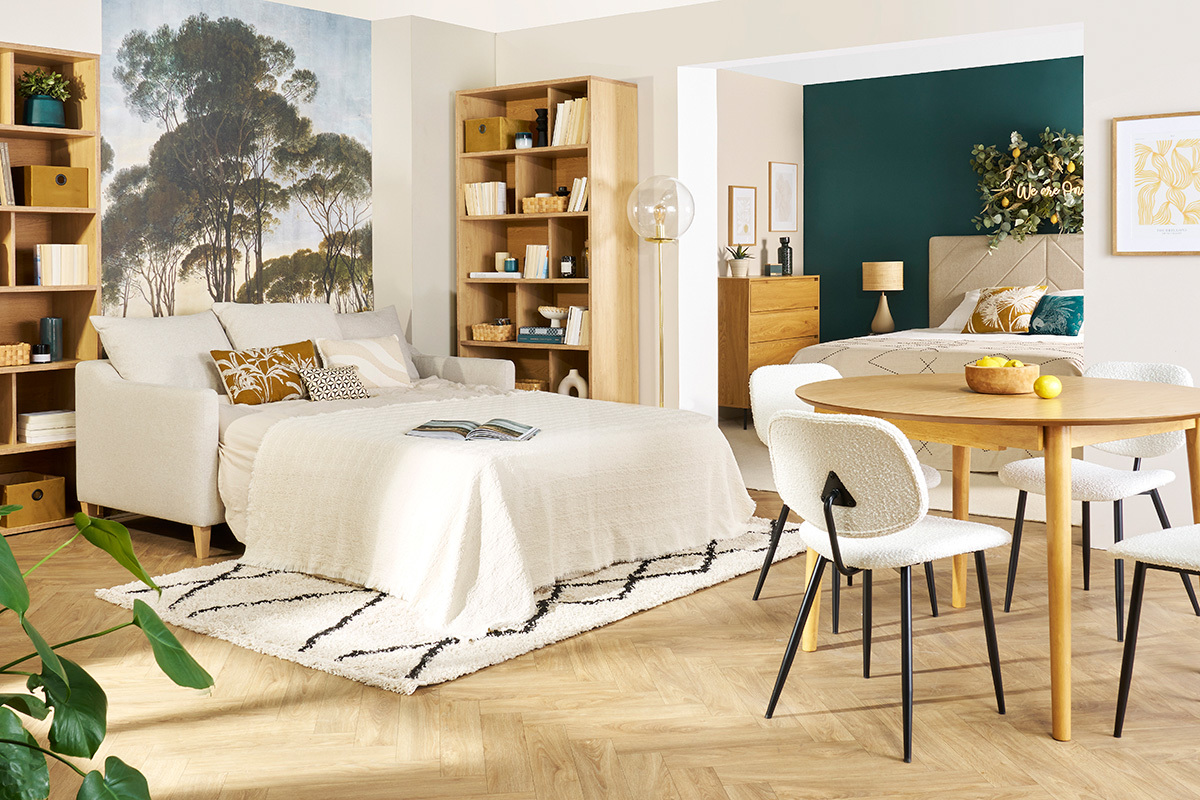 Canap convertible scandinave 3 places en tissu beige et bois clair LOUISE