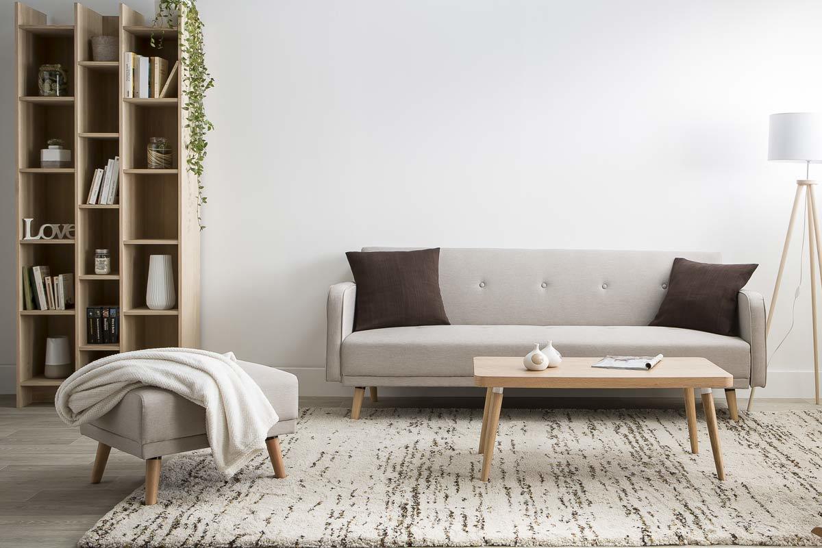 Canap convertible scandinave 3 places en tissu beige et bois clair ULLA