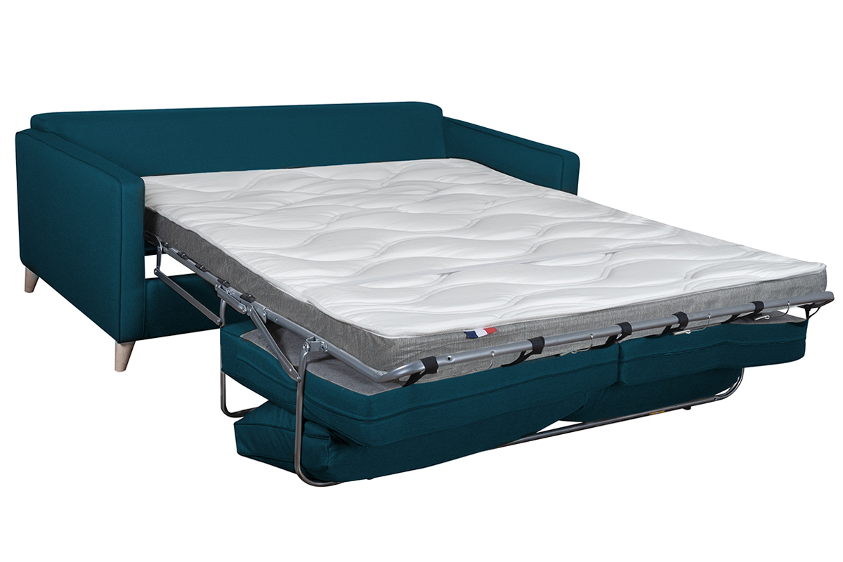 Canap convertible scandinave 3 places en tissu bleu canard et bois clair avec matelas 10 cm PAPEL