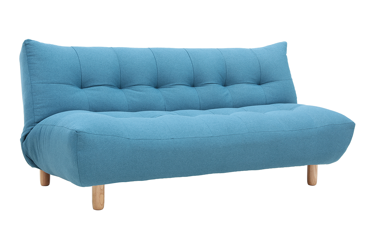 Canap convertible scandinave 3 places en tissu bleu canard et bois clair YUMI