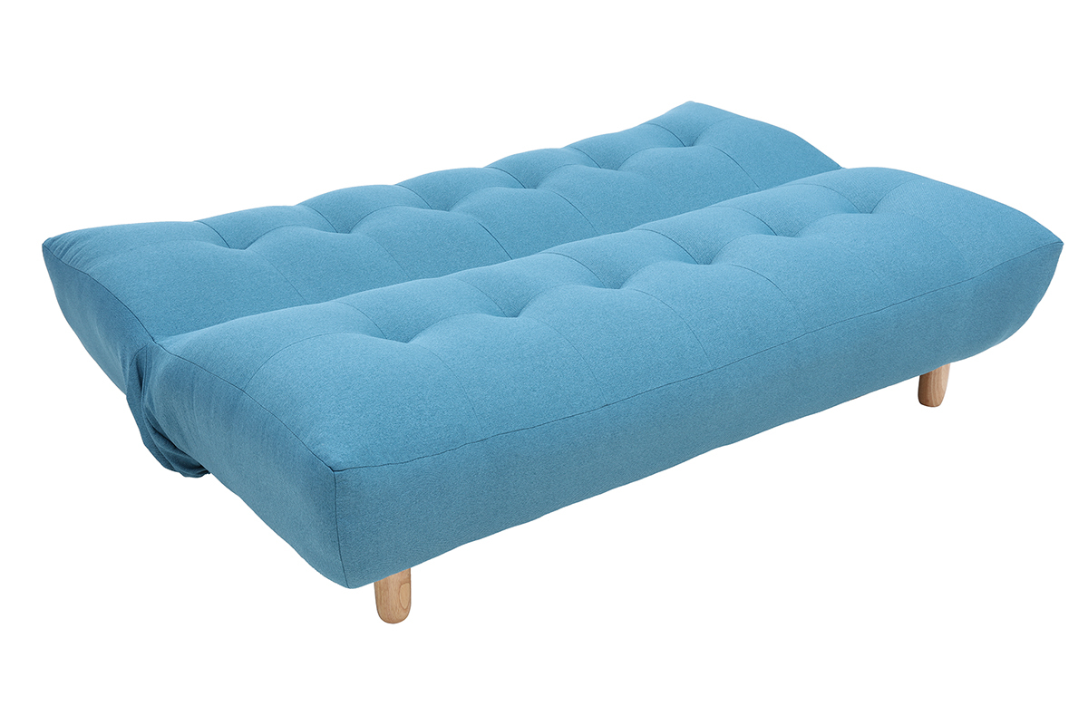 Canap convertible scandinave 3 places en tissu bleu canard et bois clair YUMI