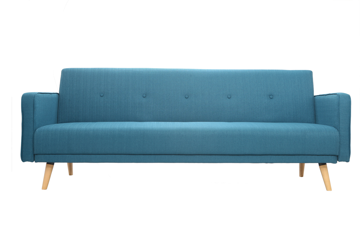 Canap convertible scandinave 3 places en tissu bleu et bois clair ULLA