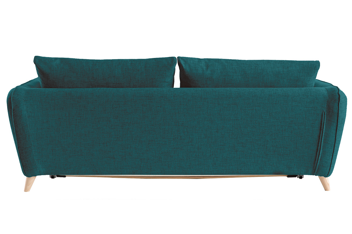 Canap convertible scandinave 3 places en tissu bleu paon et bois clair avec matelas 10 cm CREEP